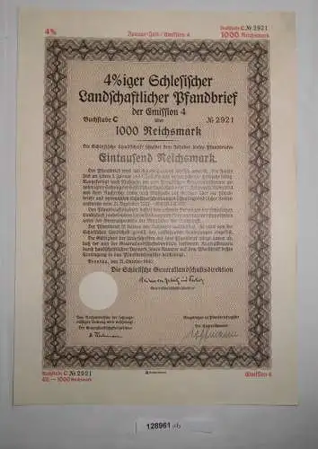 1000 RM Pfandbrief Schlesische Landschaftsdirektion Breslau 21.Okt 1940 (128961)