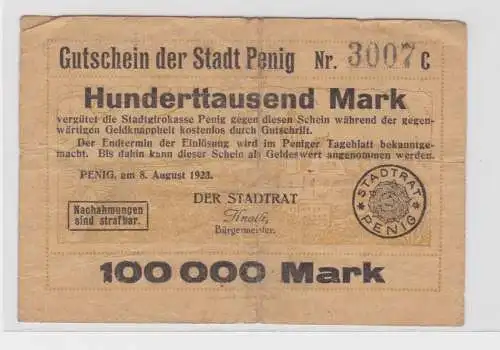 Seltene Banknote Inflation 100000 Mark Stadt Penig 8.8.1923 (137926)