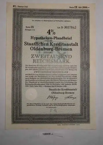 2000 RM Obligation Staatliche Kreditanstalt Oldenburg-Bremen 8.Okt 1940 (128939)