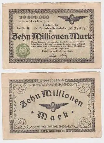 10 Millionen Mark Banknote Reichsbahndirektion Köln 11.8.1923 (140376)