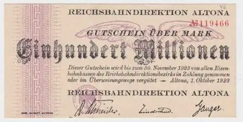 100 Millionen Mark Banknote Reichsbahndirektion Altona 1.10.1923 (140140)