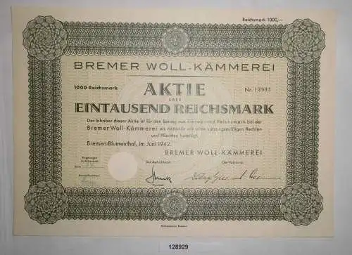 1000 RM Aktie Bremer Woll-Kämmerei Bremen-Blumenthal Juni 1942 (128929)