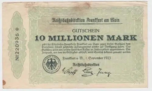 10 Millionen Mark Banknote Reichsbahndirektion Frankfurt a.M. 1.9.1923 (140379)
