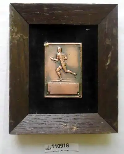 Seltene Sportplakette Motorradfahrer Bronze im Holzrahmen um 1920 (111194)