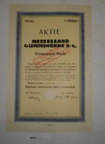 1000 Mark Aktie Mittelland Gummiwerke AG Hannover-Linden 15. März 1923 (128991)