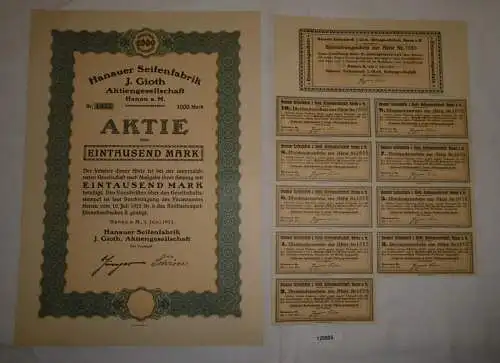 1000 Mark Aktie Hanauer Seifenfabrik J.Gioth AG Hanau 1. Juni 1922 (128805)