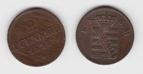 2 Pfennige Kupfer Münze Sachsen 1855 F ss (150990)