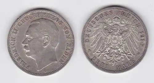 3 Mark Silbermünze Baden Großherzog Friedrich II 1910 Jäger 39 ss+ (145624)