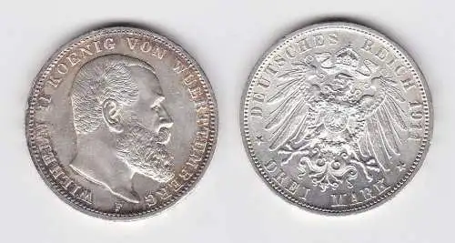 3 Mark Silber Münze Wilhelm II König von Württemberg 1911 vz (150151)
