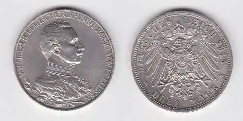 3 Mark Silbermünze Preussen Kaiser in Uniform 1913 Jäger 112 vz (150462)