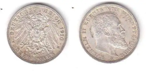 3 Mark Silbermünze Württemberg König Wilhelm II 1910 Jäger 175 (112139)