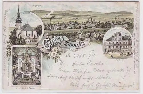 99117 Lithographie Ak Gruss aus Zwönitz - Rathaus, Kirche und Panorama 1898