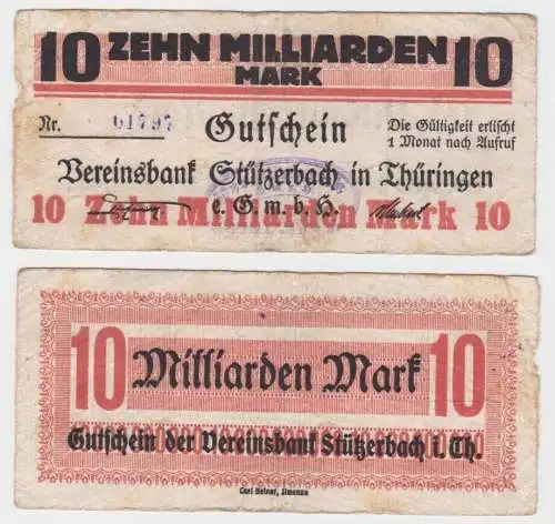 10 Miiliarden Mark Banknote Inflation Vereinsbank Stützerbach 1923 (143777)