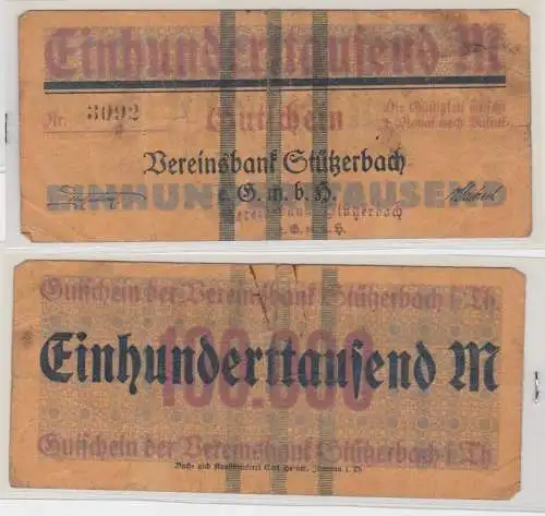 100000 Mark Banknote Inflation Vereinsbank Stützerbach 1923 (144048)