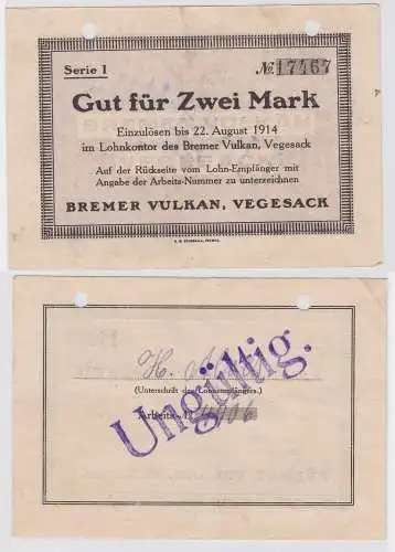 2 Mark Banknote Lohnschecks Bremer Vulkan Werft Vegesack 22.8.1914 (121044)