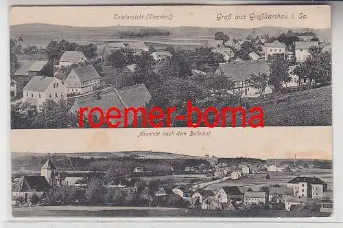 73006 Mehrbild Ak Gruß aus Großharthau Totalansicht und Blick zum Bahnhof 1910