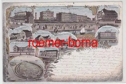 75882 Ak Lithografie Gruss aus Borkum Hotel Eltze, Hotel Bakker u.a. 1897