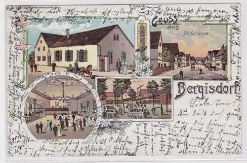 95573 Ak Lithographie Gruß aus Bergisdorf Gasthof, Dorfstraße usw. 1907