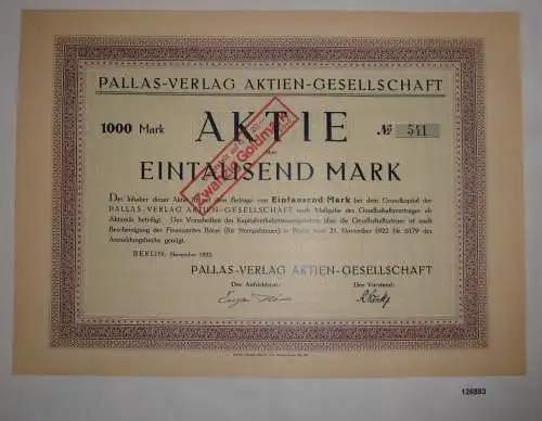 1000 Mark Aktie Pallas-Verlag AG Berlin November 1922 (126883)