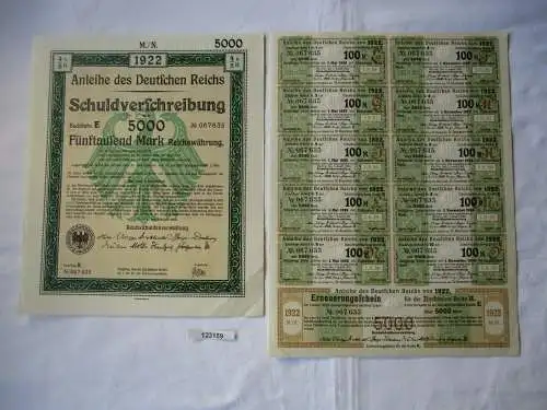 5000 Mark Aktie Schuldenverschreibung deutsches Reich Berlin 01.08.1922 (123159)