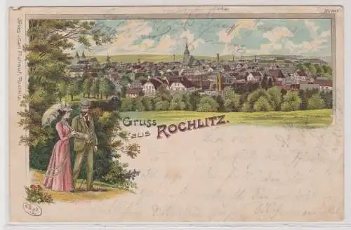 30569 AK Gruss aus Rochlitz Ortsansicht m. Kirche, Spaziergänger, Bahnpost 1899
