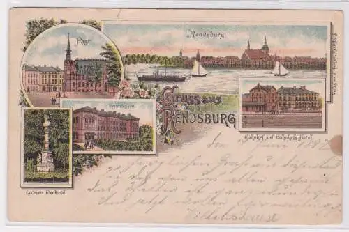 900077 AK Gruss aus Rendsburg - Bahnhof, Hotel, Gymnasium, Post, Denkmal 1897