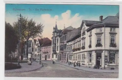 99256 AK Mühlhausen - Am Pfortenteich, Straßenansicht mit Geschäften 1915