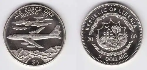 5 Dollar Nickel Münze Liberia 2000 Flugzeug Air Force One Boing 707 (123908)