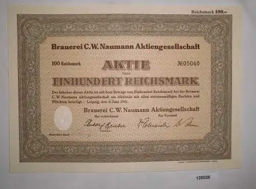 100 Reichsmark Aktie Brauerei C.W. Naumann AG 6.Juni 1941 (128026)