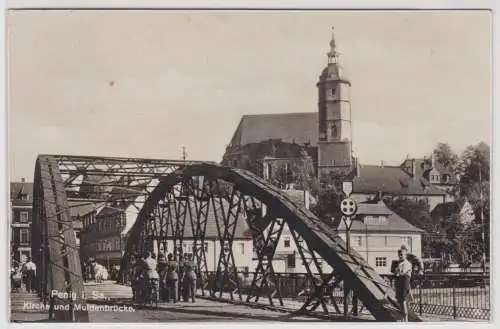 99335 Ak Penig i. Sa. - Kirche und Muldenbrücke mit Soldaten 1936