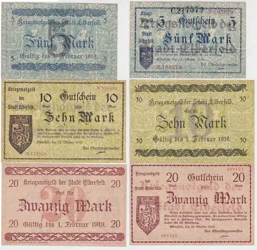 5, 10 & 20 Mark Banknoten Stadt Elberfeld 25.Oktober 1918 (112704)