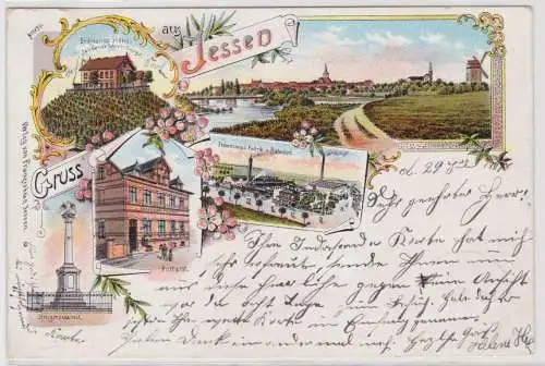 99345 Ak Lithographie Gruß aus Jessen Fabrik und Bahnhof 1898