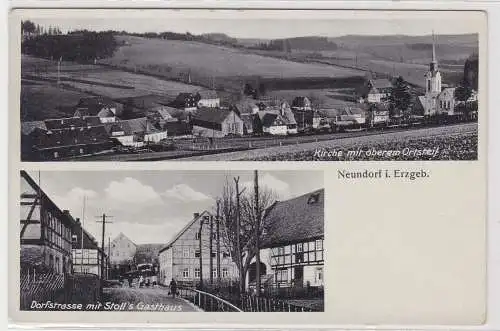 88675 Mehrbild Ak Neundorf i. Erzgebirge - Kirche u. Dorfstraße Stoll's Gasthaus