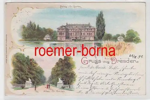 77176 Ak Lithografie Gruss aus Dresden Palais und Allee im Großen Garten 1897