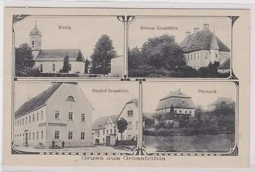 906783 Ak Gruß aus Großböhla Kirche, Schloß, Gasthof, Pfarrteich um 1910