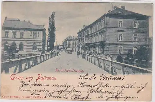 908441 Ak Gruß aus Falkenau Bahnhofstrasse 1898