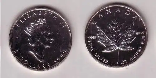 5 Dollar Silber Münze Kanada Meaple Leaf 1990 1 Unze Feinsilber (105261)