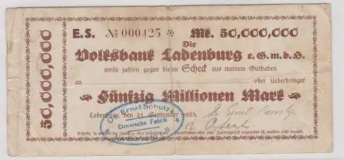 50 Millionen Mark Banknote Volksbank Ladenburg e.GmbH 21.9.1923 (123293)