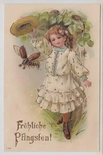 43889 Präge AK Fröhliche Pfingsten! Mädchen mit Hut und Maikäfer 1907