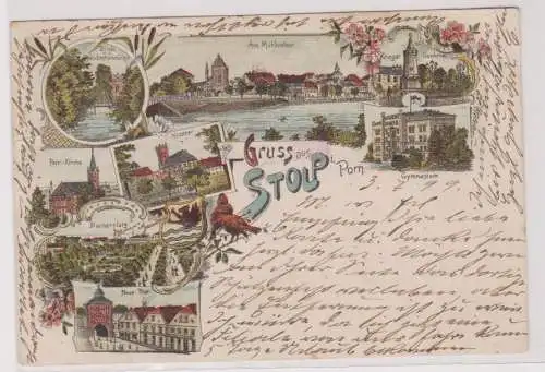 91997 Ak Lithographie Gruß aus Stolp Słupsk in Pommern Kriegerdenkmal usw. 1899