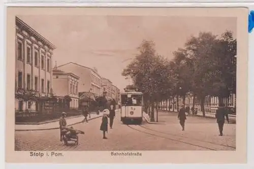 54732 Ak Stolp Słupsk in Pommern Bahnhofstrasse mit Strassenbahn 1930