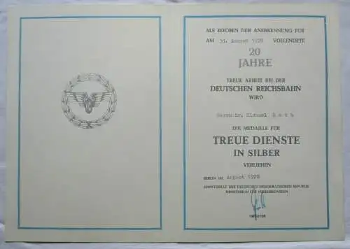 DDR Urkunde 20 Jahre Treue Dienste Silber Deutsche Reichsbahn Berlin (130025)