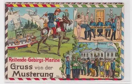 907836 Patriotika Ak Gruß von der Musterung reitende Gebirgs Marine um 1910