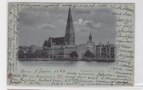 907135 Mondscheinkarte Gruß aus Schwerin i.M. Pfaffenteich mit Dom und Post 1899