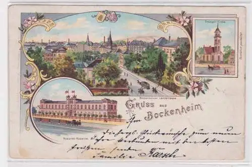 08120 Ak Lithographie Gruß aus Bockenheim Husaren-Kaserne usw. 1898