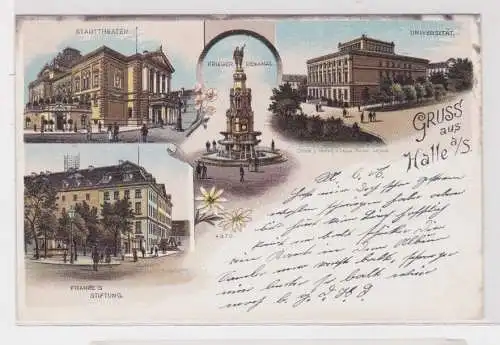 78352 Ak Lithographie Gruß aus Halle Universität, Kriegerdenkmal usw. um 1900