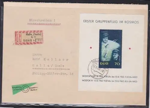 907177 DDR Ersttagsbrief FDC Erster Gruppenflug im Kosmos Wostok 1962 Block 17