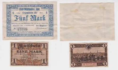 1 und 5 Mark Banknoten Stadt Mühlhausen in Thüringen 2.11./15.12.1918 (109407)