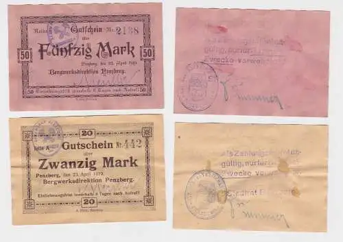 20 und 50 Mark Banknoten Notgeld Bergwerksdirektion Penzberg 25.04.1919 (104447)