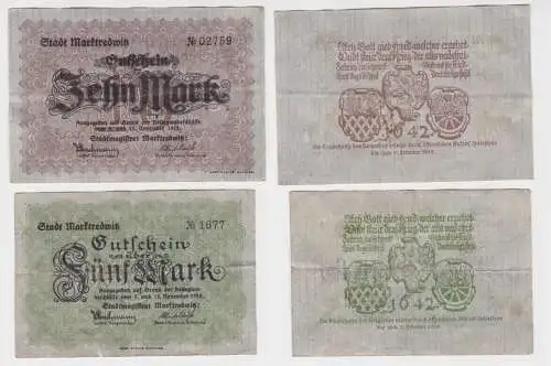 5 und 10 Mark Mark Banknoten Kriegsnotgeld Stadt Marktredwitz 1918 (105752)